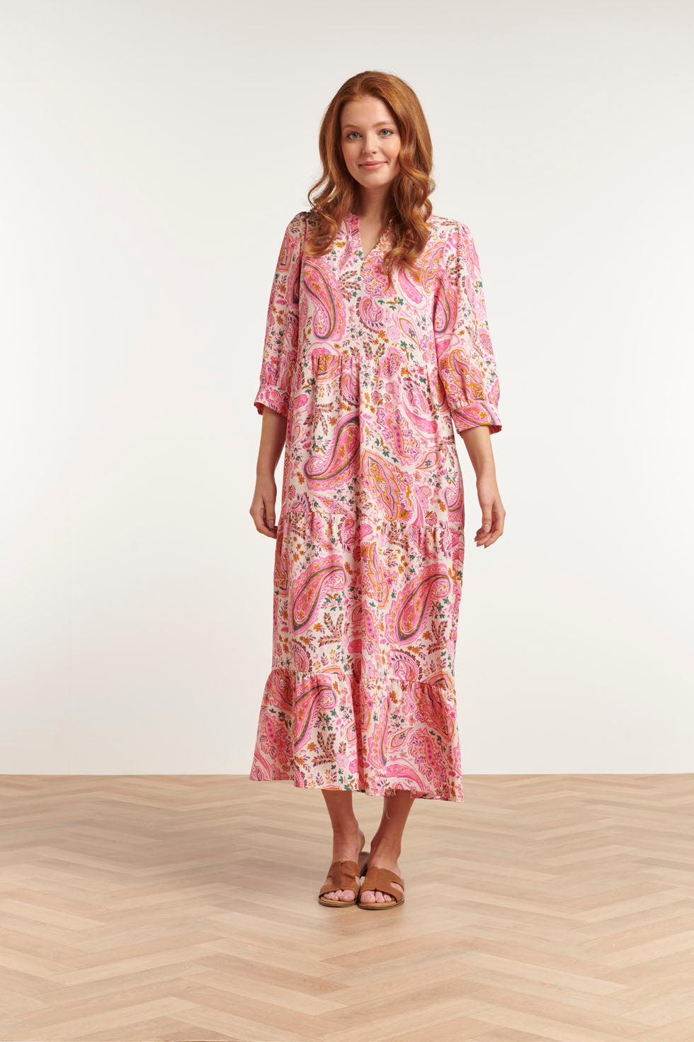 22418 Pink Multi V-Neck Long-Sleeve Maxi Dress