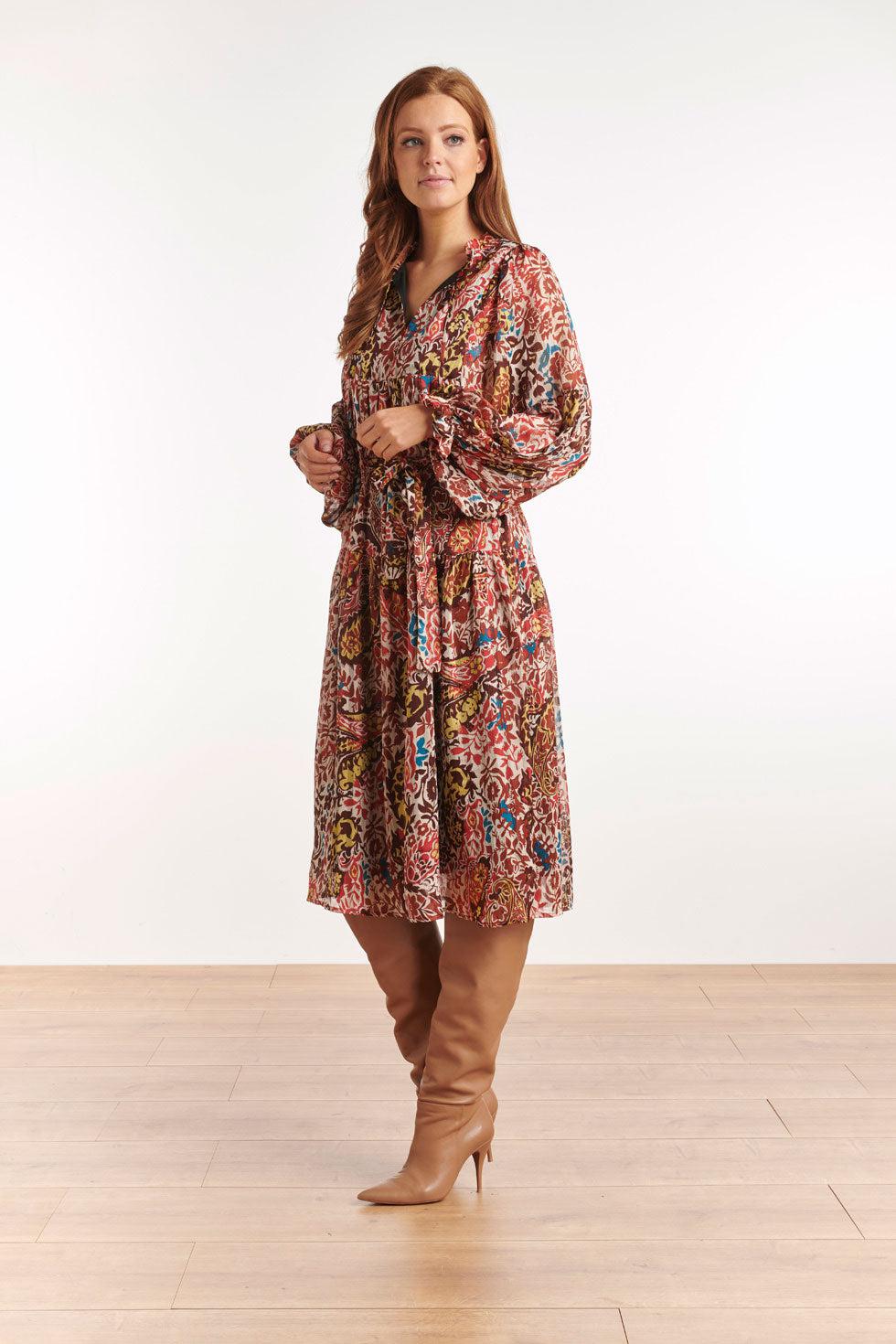 22534 Chiffon Midi Boho Jurk Pofmouwen