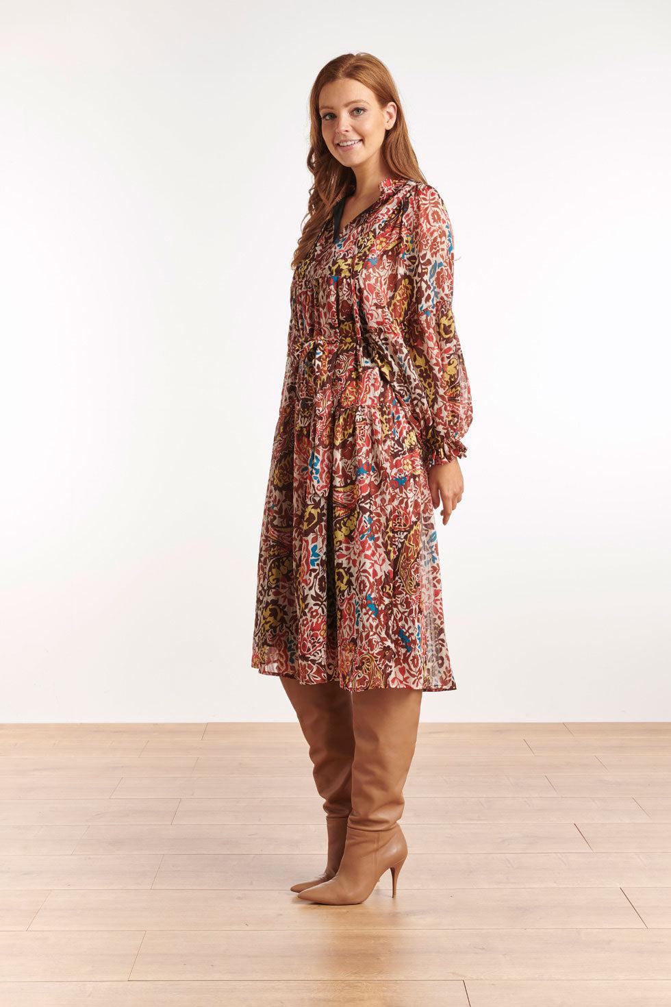22534 Chiffon Midi Boho Jurk Pofmouwen