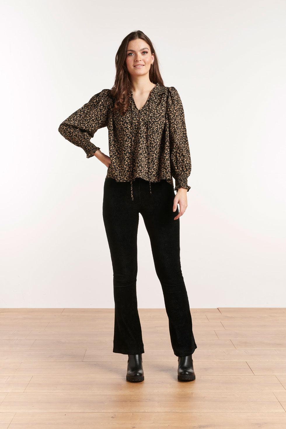 22542 Bladeren Print Top Lange Pofmouwen