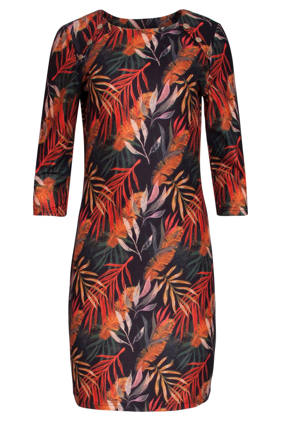 22623 Stretch Jurk Bladeren Print Driekwart Mouw