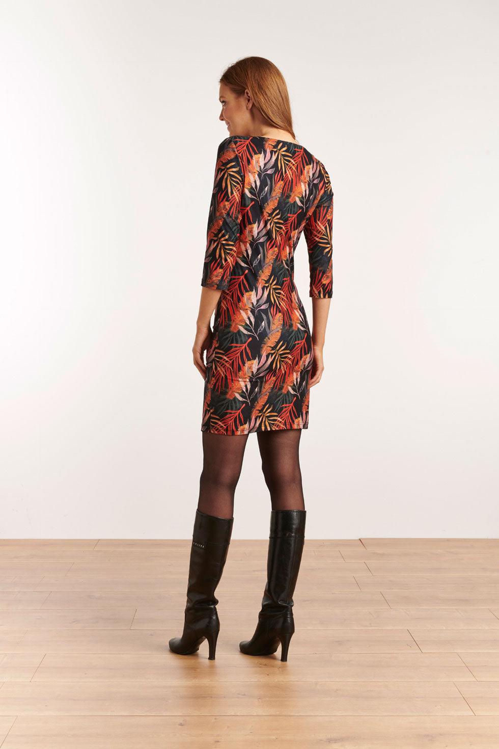 22623 Stretch Jurk Bladeren Print Driekwart Mouw