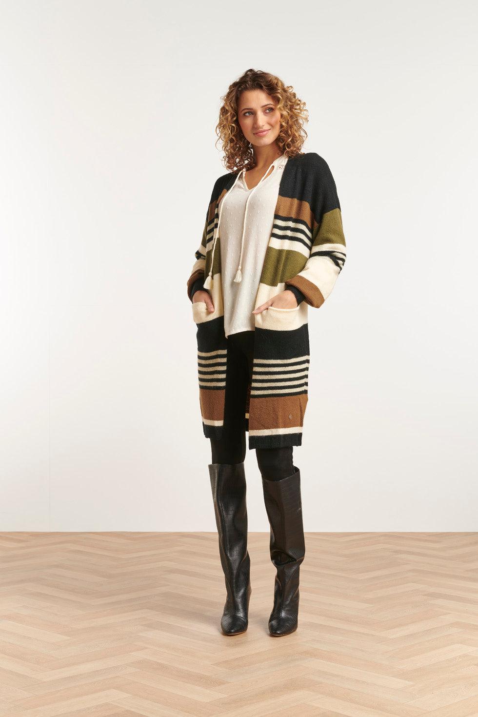 22666 Vest Lang Gebreid Gestreept Print