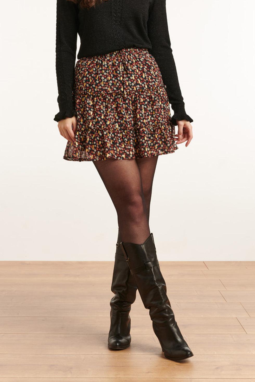 22824 Ruffle Chiffon Rok Met Bloemenprint En Folie