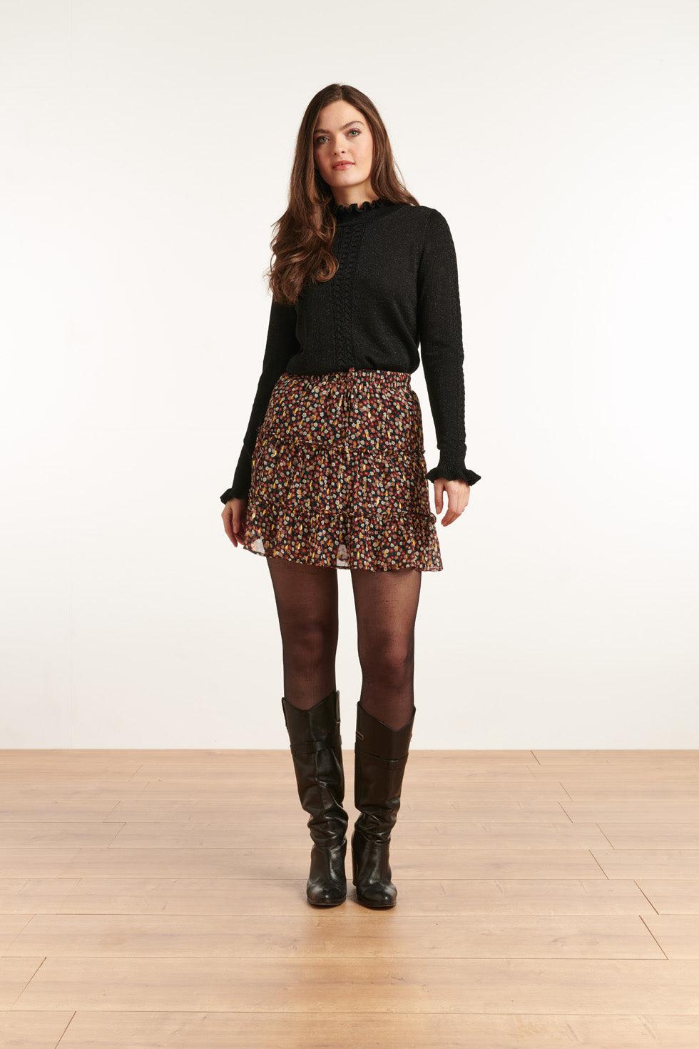 22824 Ruffle Chiffon Rok Met Bloemenprint En Folie