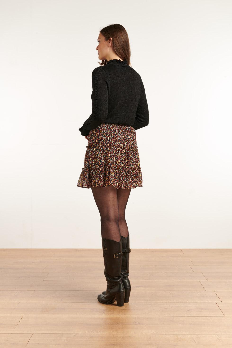 22824 Ruffle Chiffon Rok Met Bloemenprint En Folie