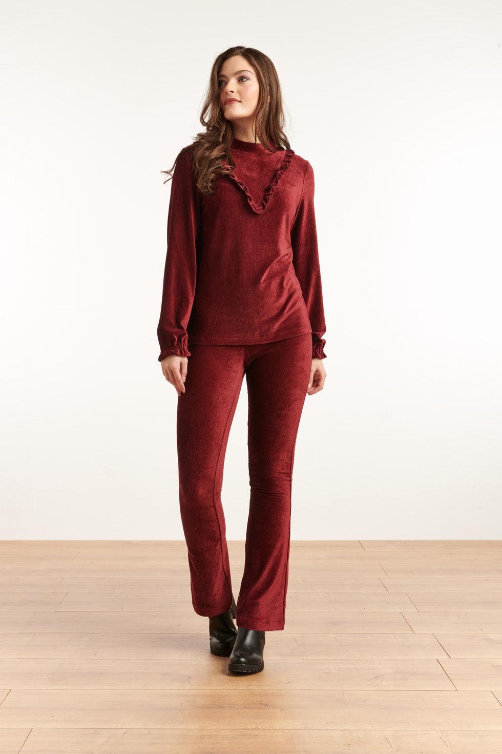 22830 Flared Broek Met Rib Fluweel In Bordeaux