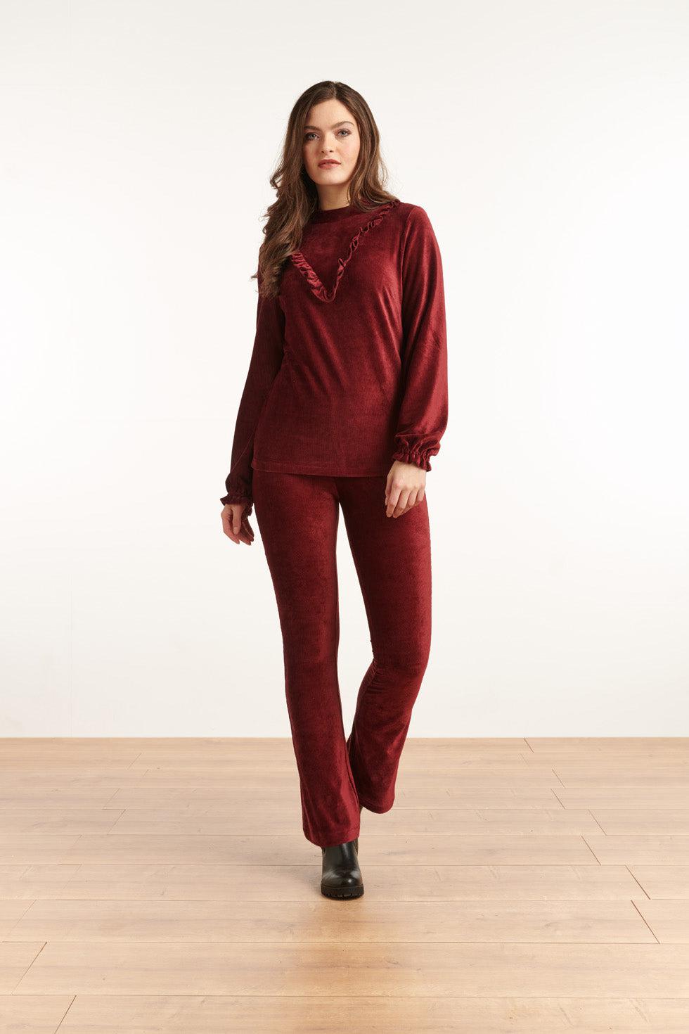 22830 Flared Broek Met Rib Fluweel In Bordeaux