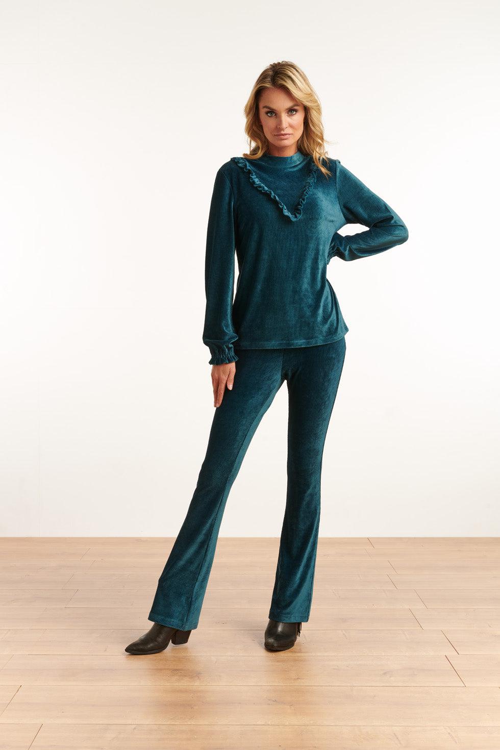 22830 Flared Broek Met Rib Fluweel In Petrol