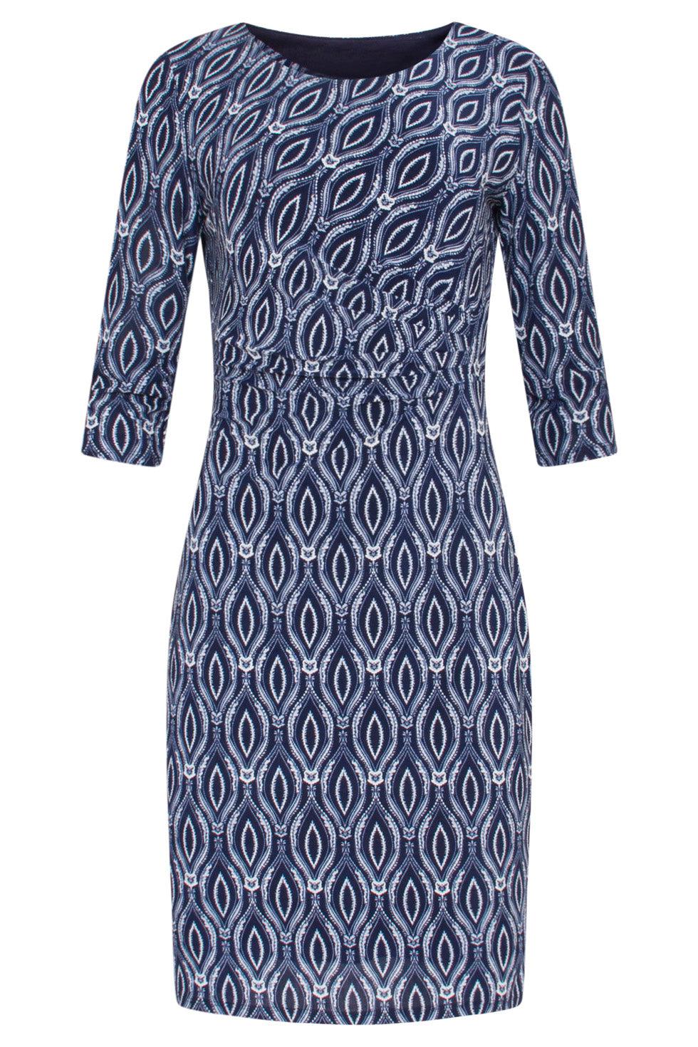 23035 Jurk Ornament Printmarine- | Navy - White