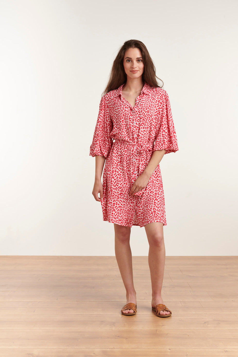 23039 Women's Stylish Casual Pink Red Collar Shirt Dress | Pink - Red