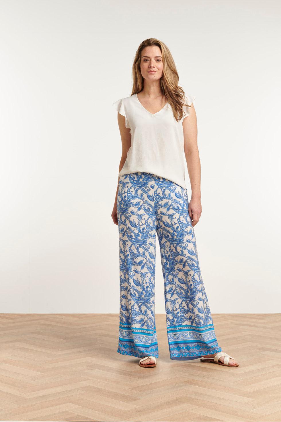 23046 Lange Damesbroek Met Hoge Taillelosse Pasvorm | Blue - White