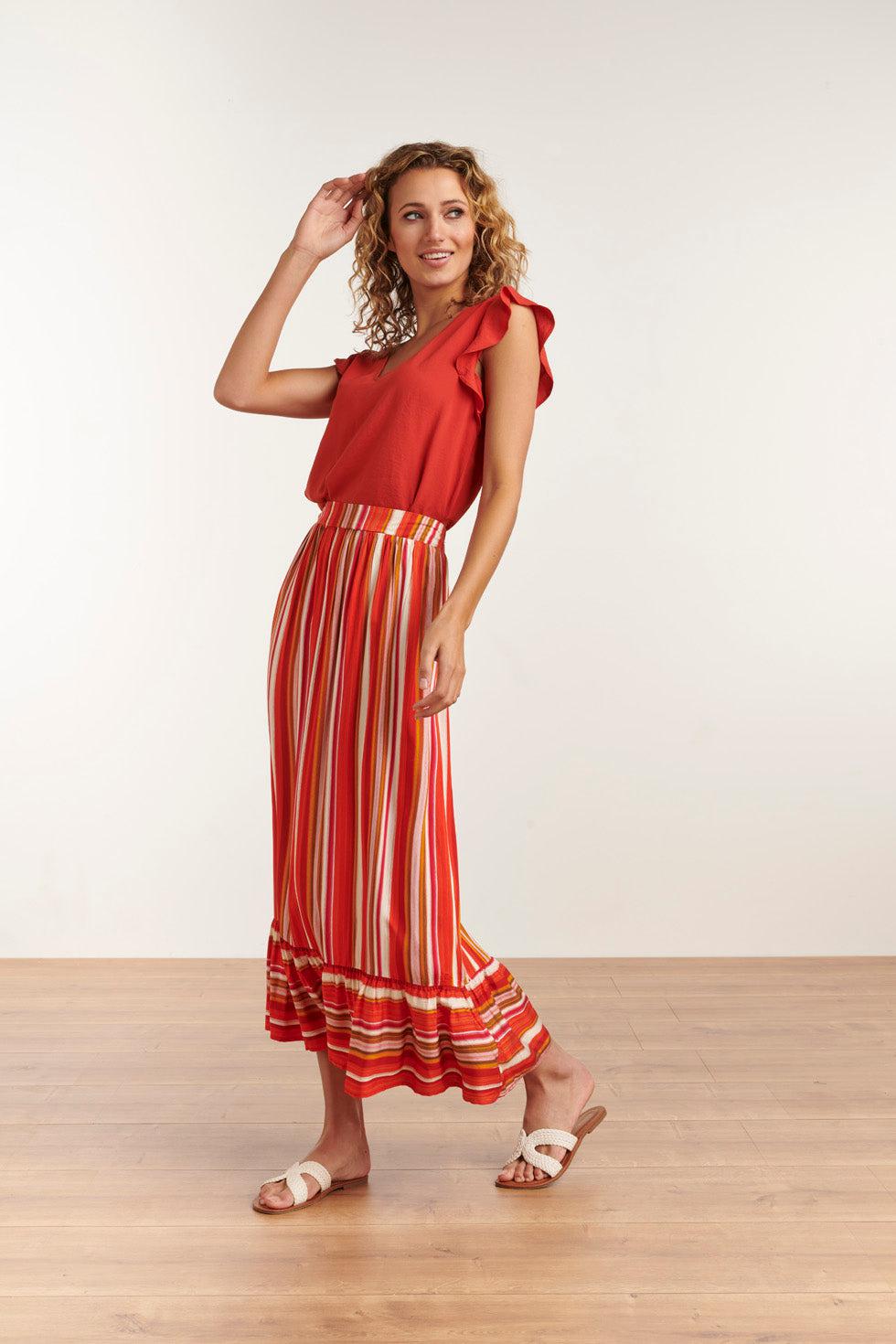 23047-743 Dames Casuele Korte Mouw V Hals Bloesje | Brique
