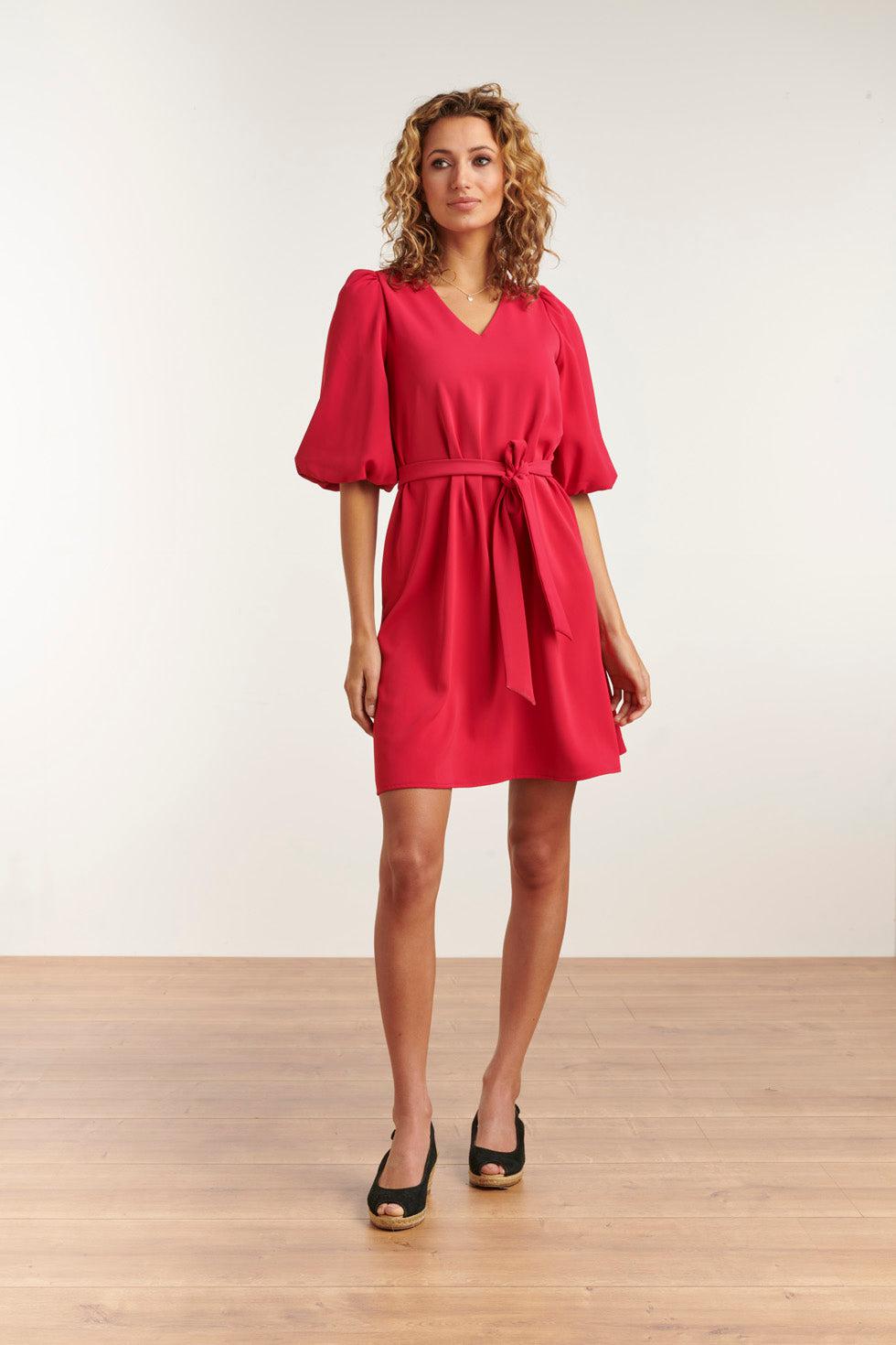 23052-445 Elegante Jurk Met Pofmouwriemuni V-Hals Jurk | Fuchsia