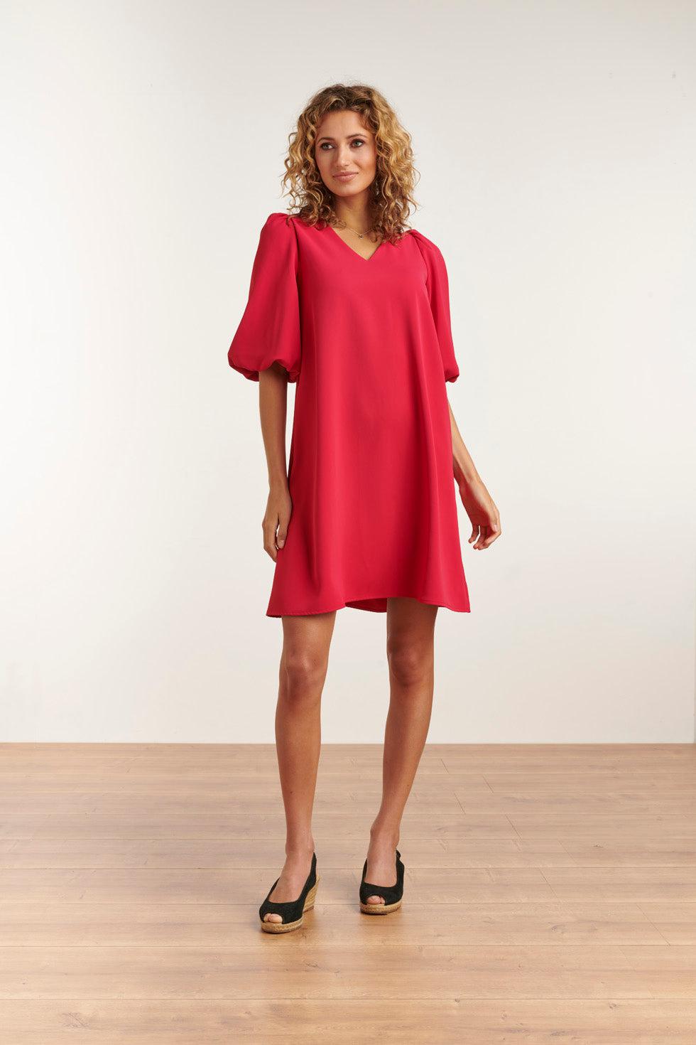 23052-445 Elegante Jurk Met Pofmouwriemuni V-Hals Jurk | Fuchsia