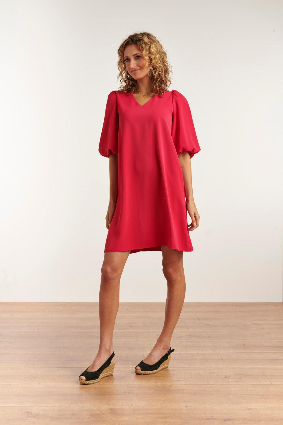 23052-445 Elegante Jurk Met Pofmouwriemuni V-Hals Jurk | Fuchsia