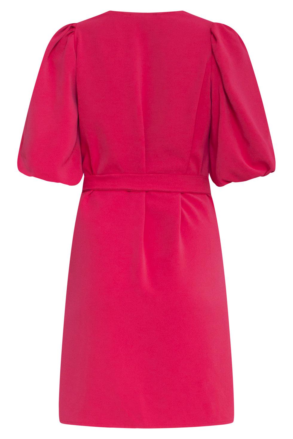 23052-445 Elegante Jurk Met Pofmouwriemuni V-Hals Jurk | Fuchsia