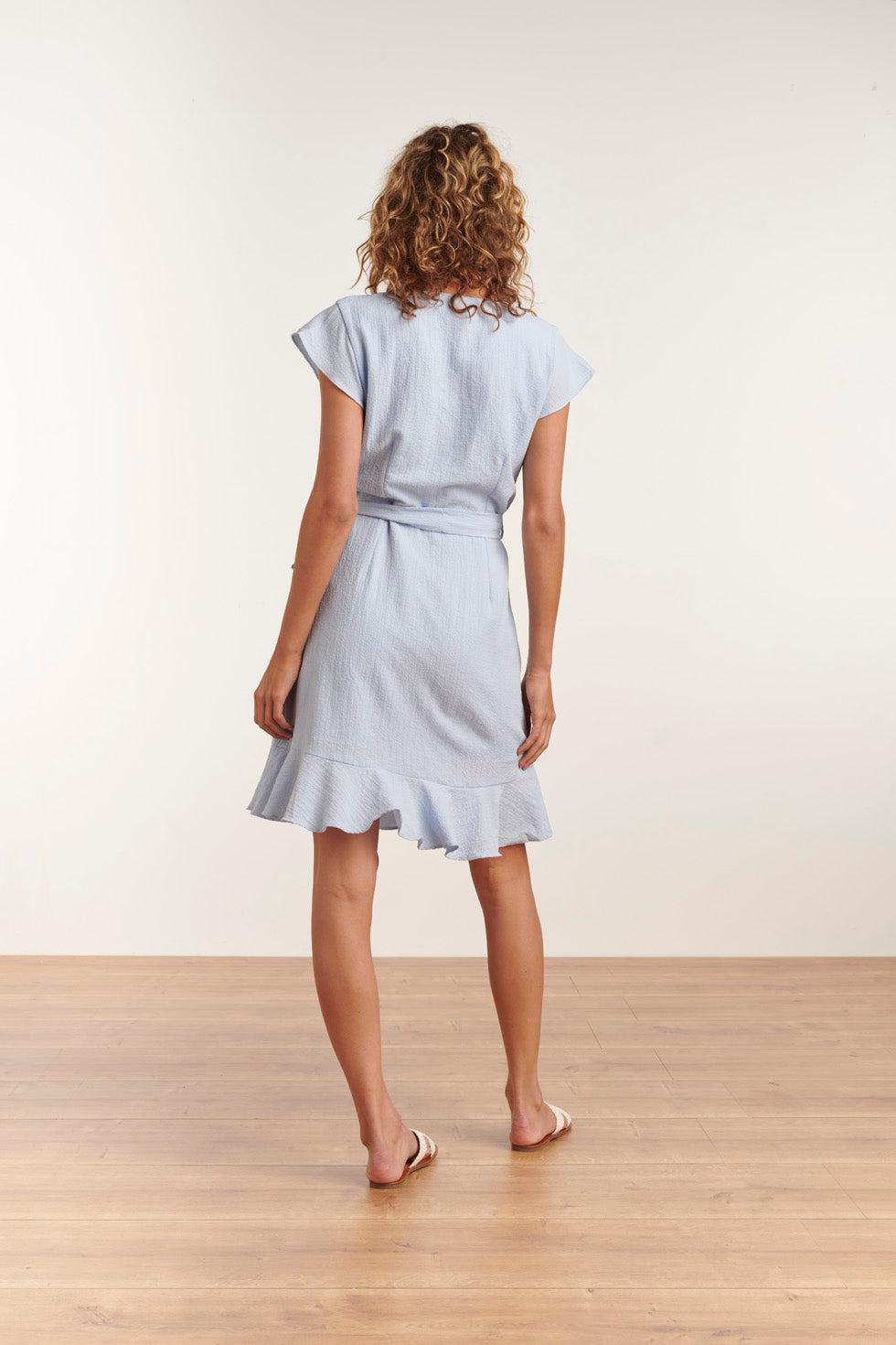 23057-600 Fashionable Ruffle Dames Jurk | Light Blue