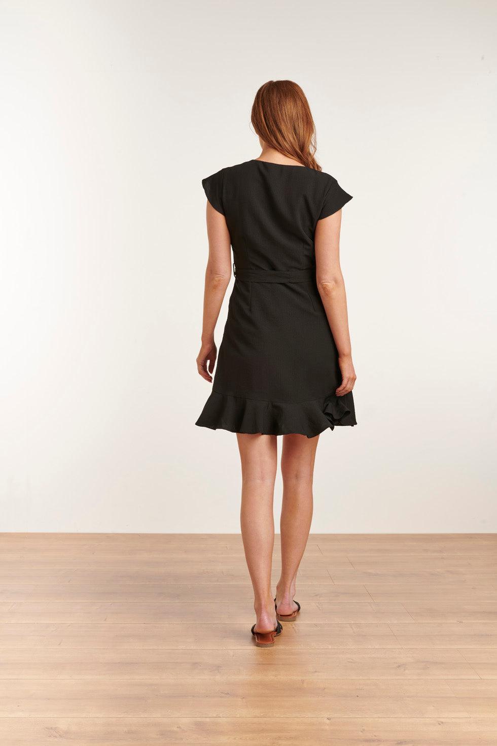 23057-999 Wrap Style Ruffle A-Line Mini Dress | Black
