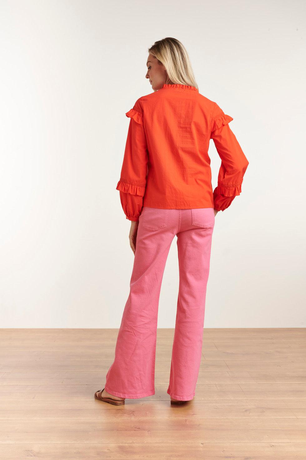 23058-250 Ruffled Trim Top - Met Speelse Ruchescomfortabele Pasvorm | Orange