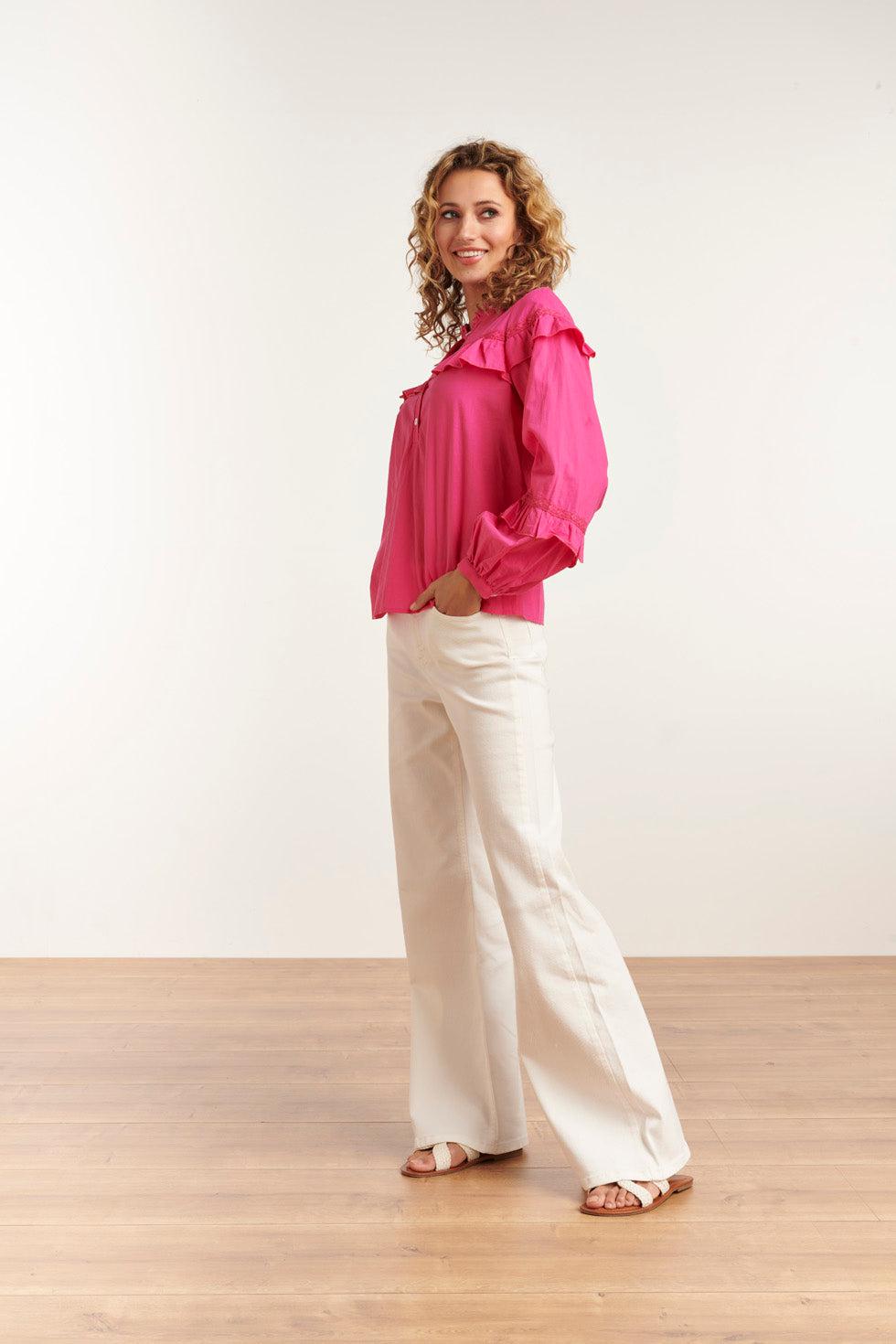 23058-445 Fuchsia Ruffle Top Met Hoge Kraagpofmouwen | Pink