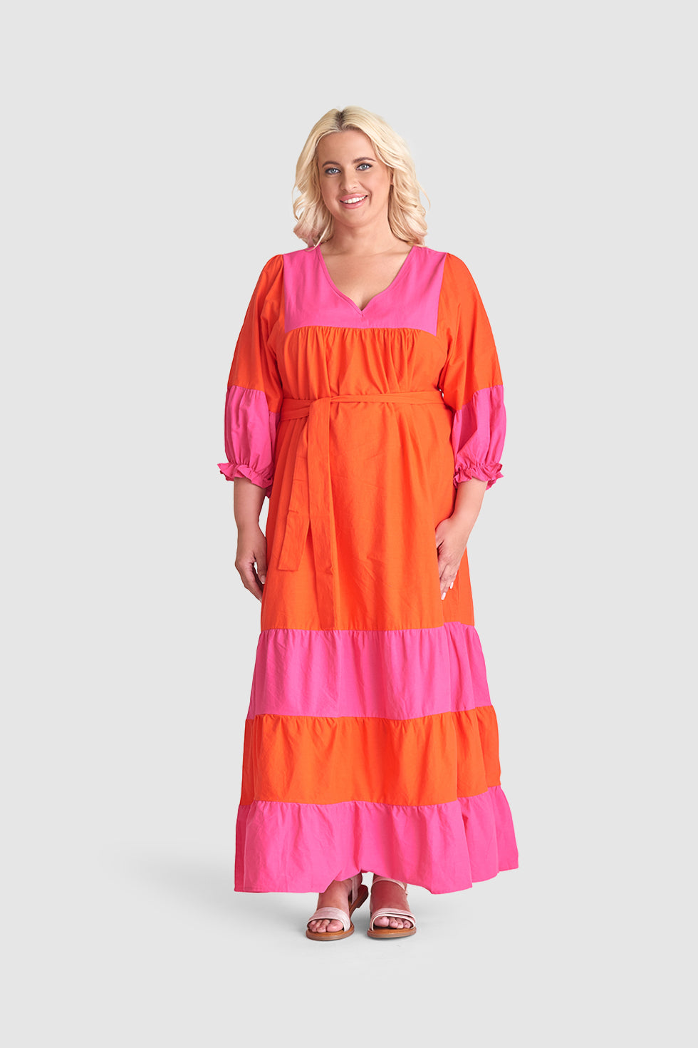 23059 Katoenen Color Block Jurktrendy Fuchsia Voor De Lente/Zomer | Orange - Fuchsia