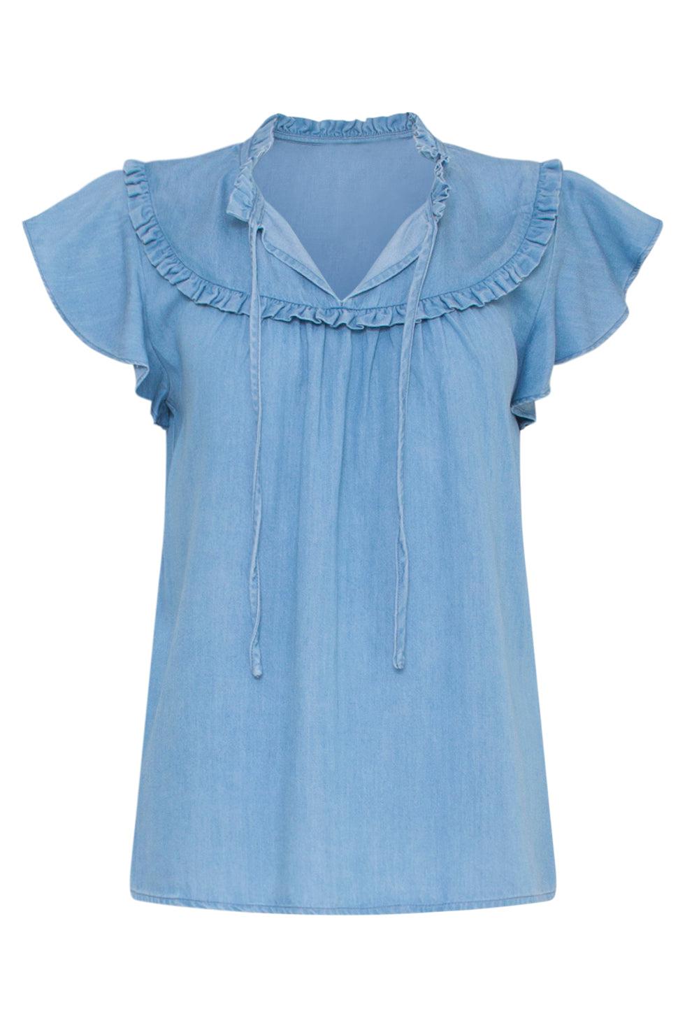 23078 Licht Tencel Top Met Vlindermouwenruches | Medium Blue Denim
