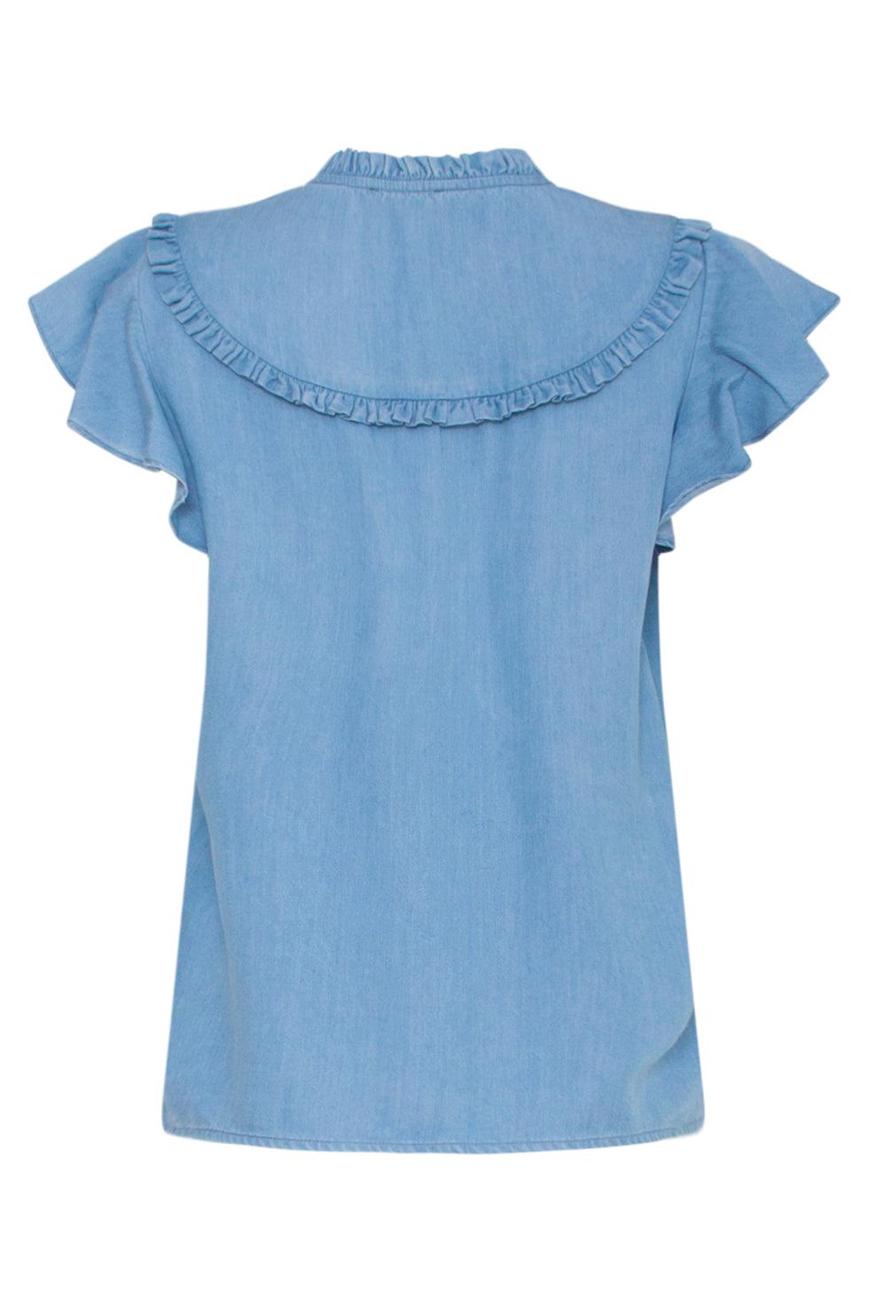 23078 Licht Tencel Top Met Vlindermouwenruches | Medium Blue Denim