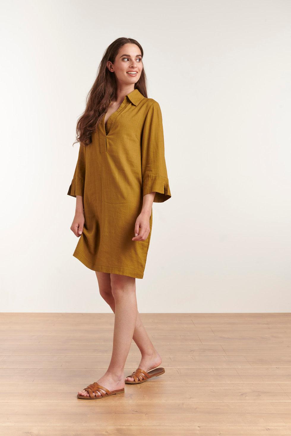 23080-550 Vrouwen Leuke Kraag Zomer Korte Overhemd Jurk | Army Green