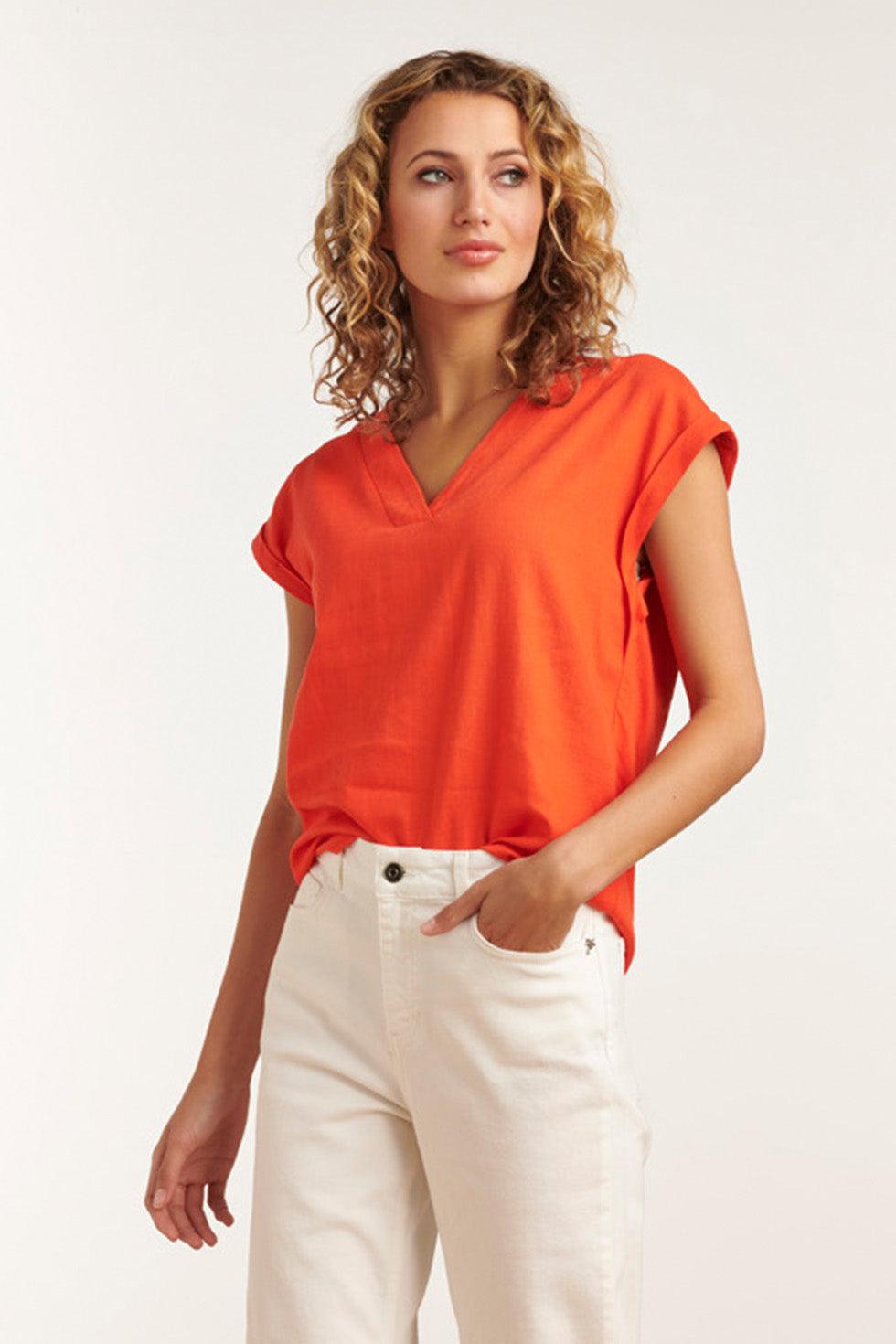 23081-250 Casual Korte Mouwen Top V-Hals | Orange