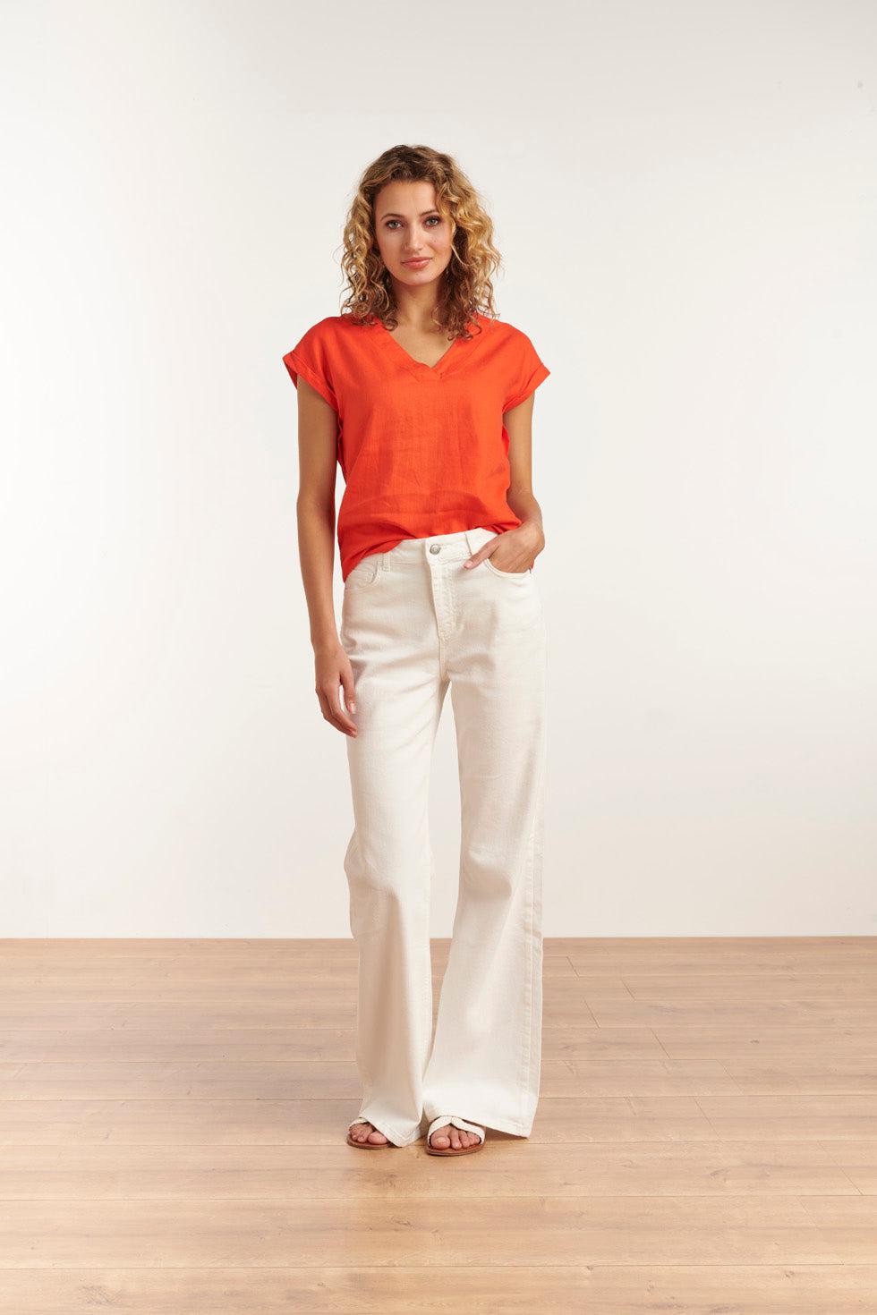 23081-250 Casual Korte Mouwen Top V-Hals | Orange