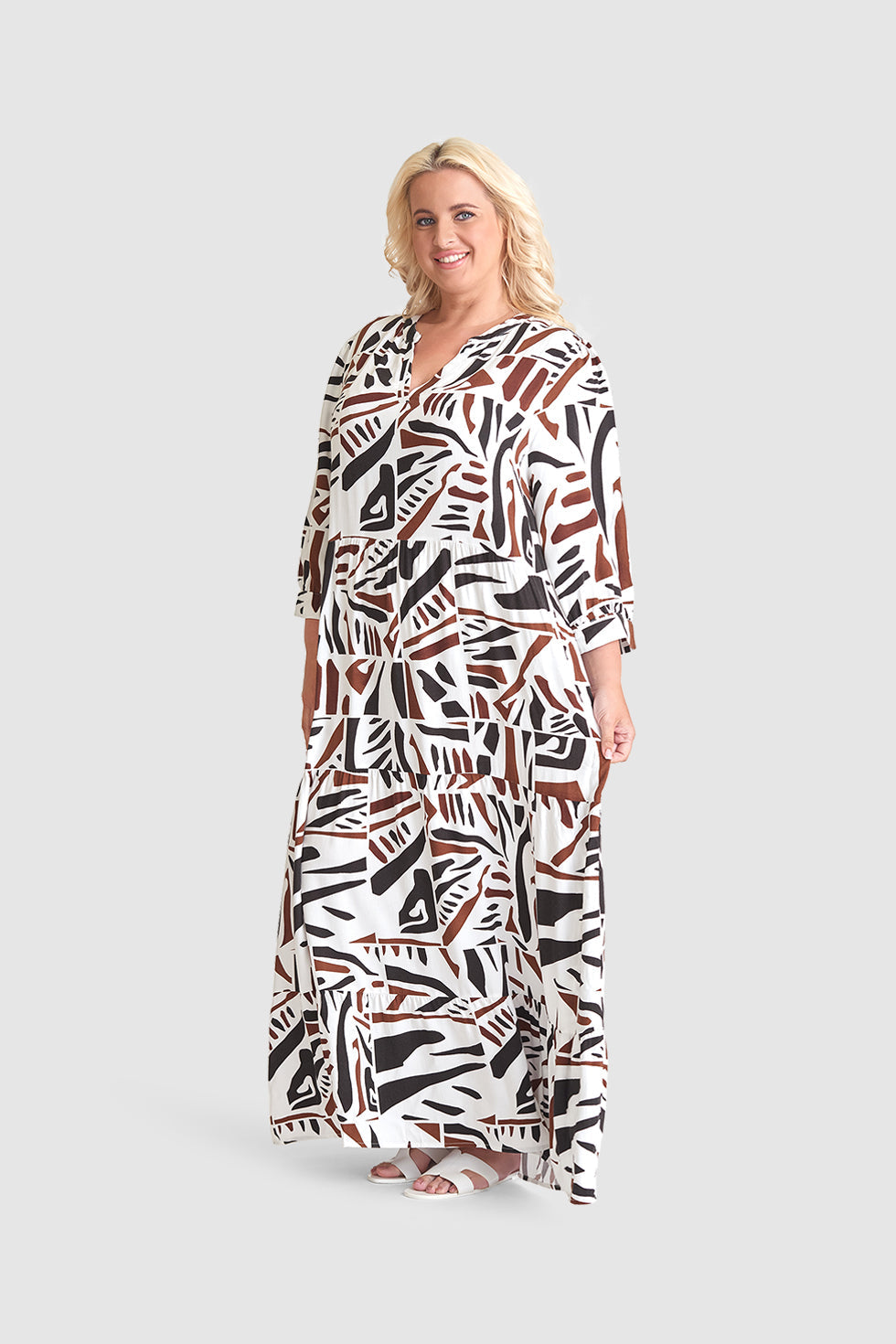 23087 Midi Jurk Met Abstracte Print- | Black White