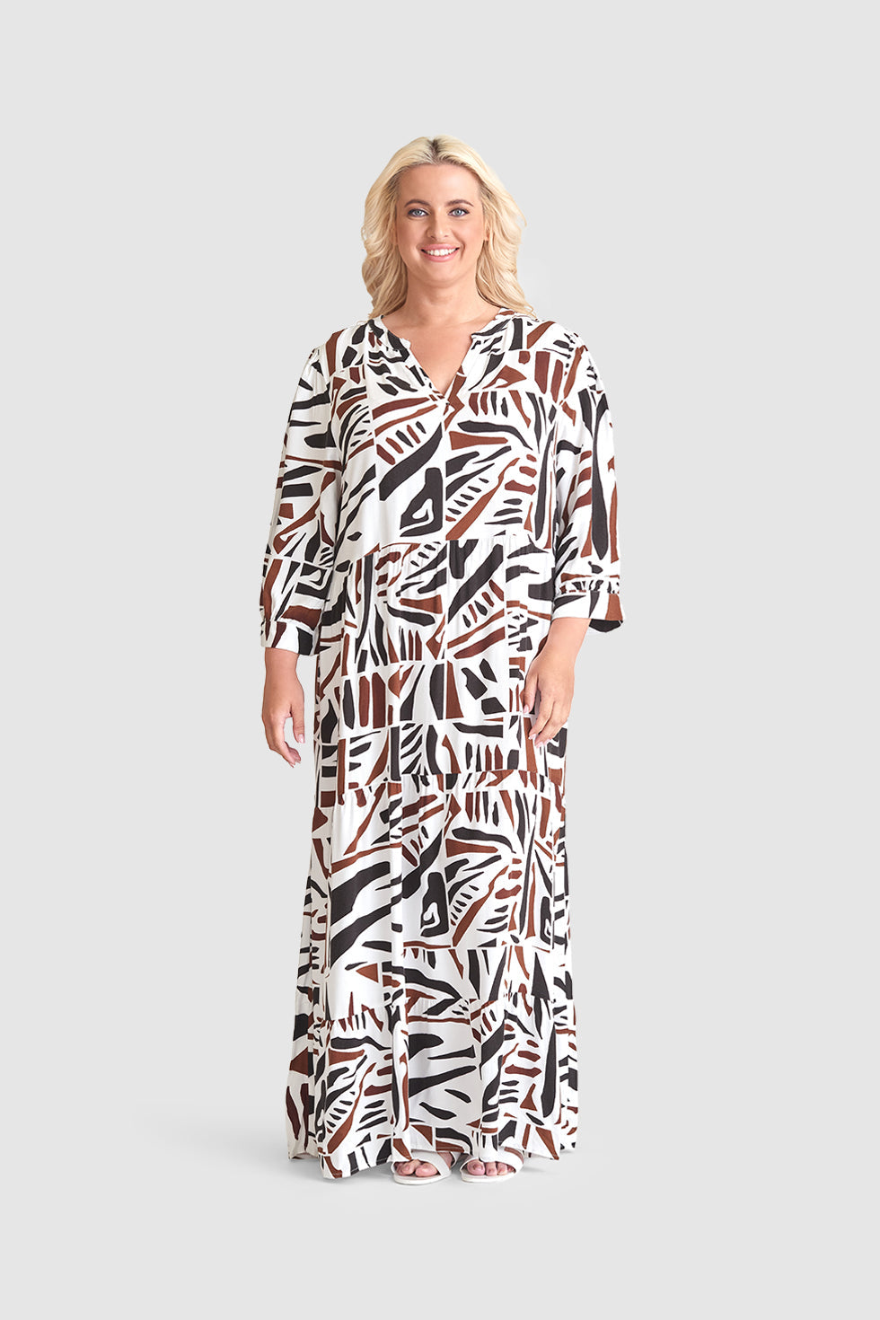 23087 Midi Jurk Met Abstracte Print- | Black White