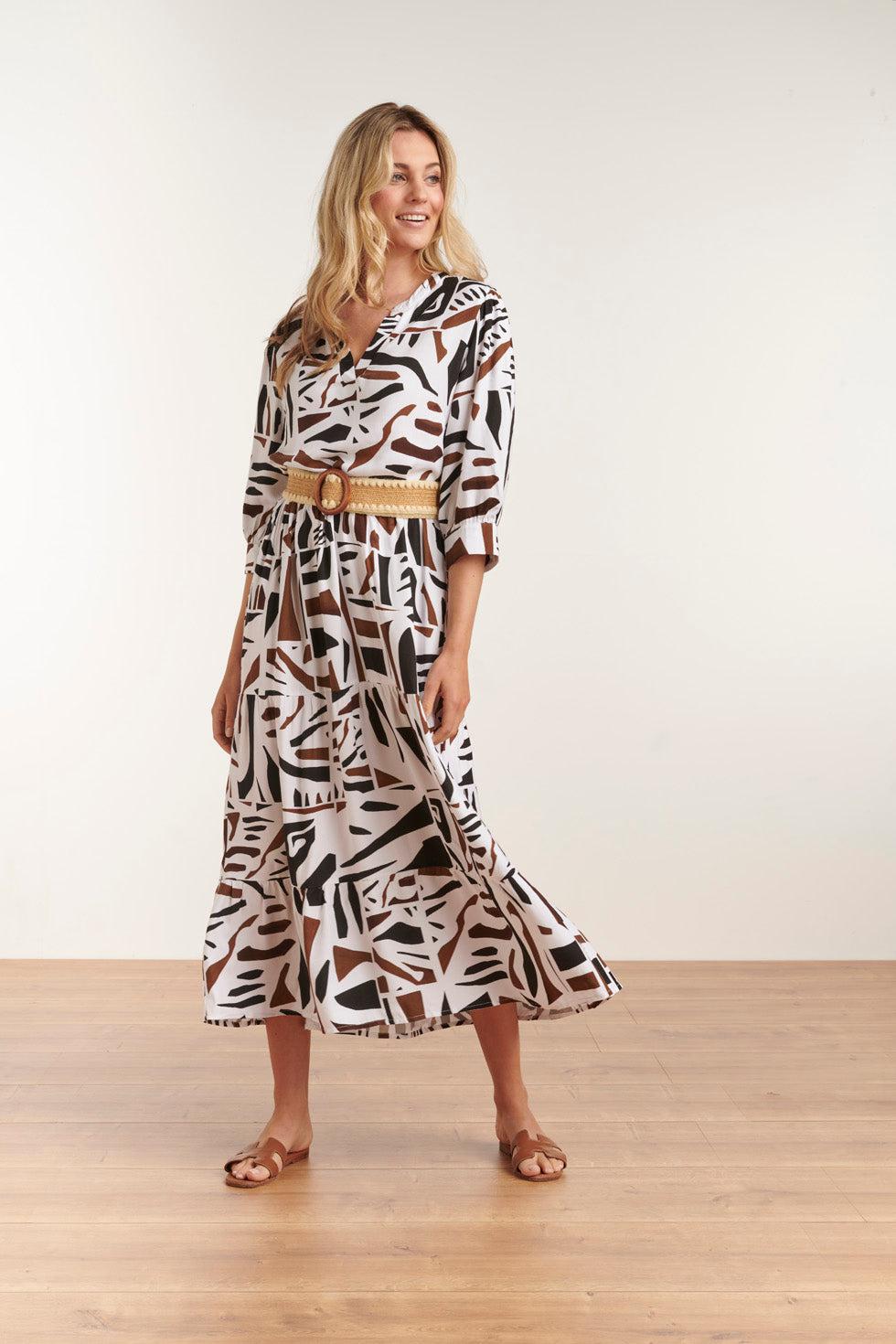 23087 Midi Jurk Met Abstracte Print- | Black White