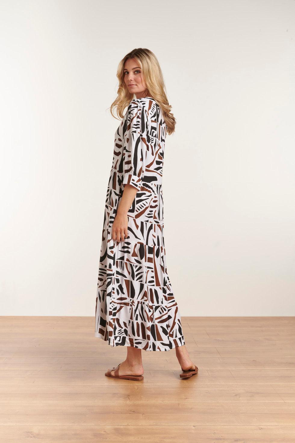 23087 Midi Jurk Met Abstracte Print- | Black White