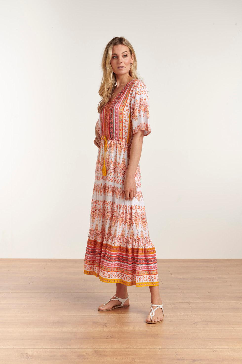 23094 Elegante Ornament Lange Maxi-Jurk | White-Multicolour