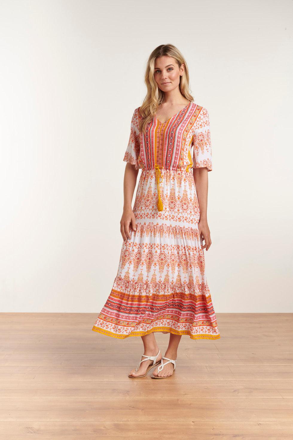 23094 Elegante Ornament Lange Maxi-Jurk | White-Multicolour