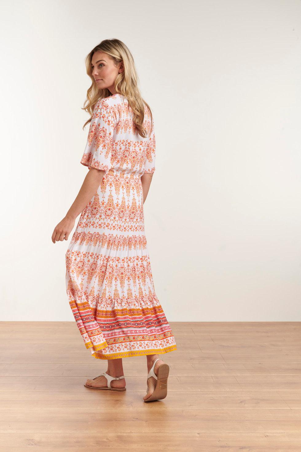 23094 Elegante Ornament Lange Maxi-Jurk | White-Multicolour