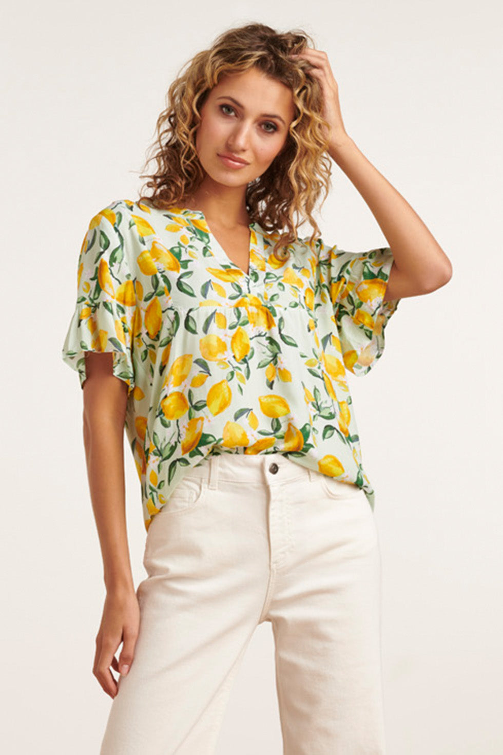23095 Women'S Casual Summer Short Sleeve Citroen Printed Tops | Light Green-Yellow