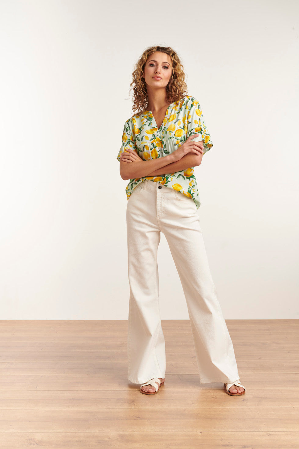 23095 Women'S Casual Summer Short Sleeve Citroen Printed Tops | Light Green-Yellow