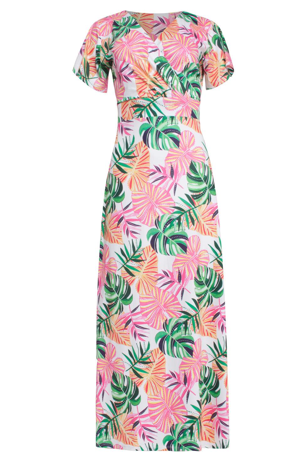 23108 Boho Korte Mouwen Zomer Maxi Jurk | White - Muticolour