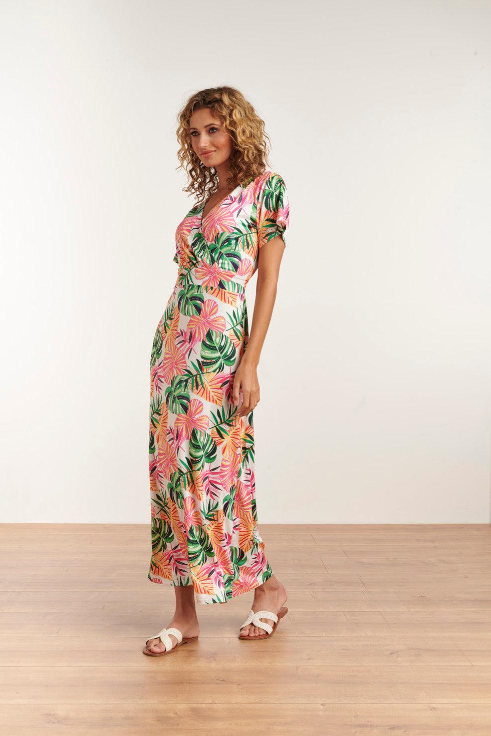 23108 Boho Korte Mouwen Zomer Maxi Jurk | White - Muticolour