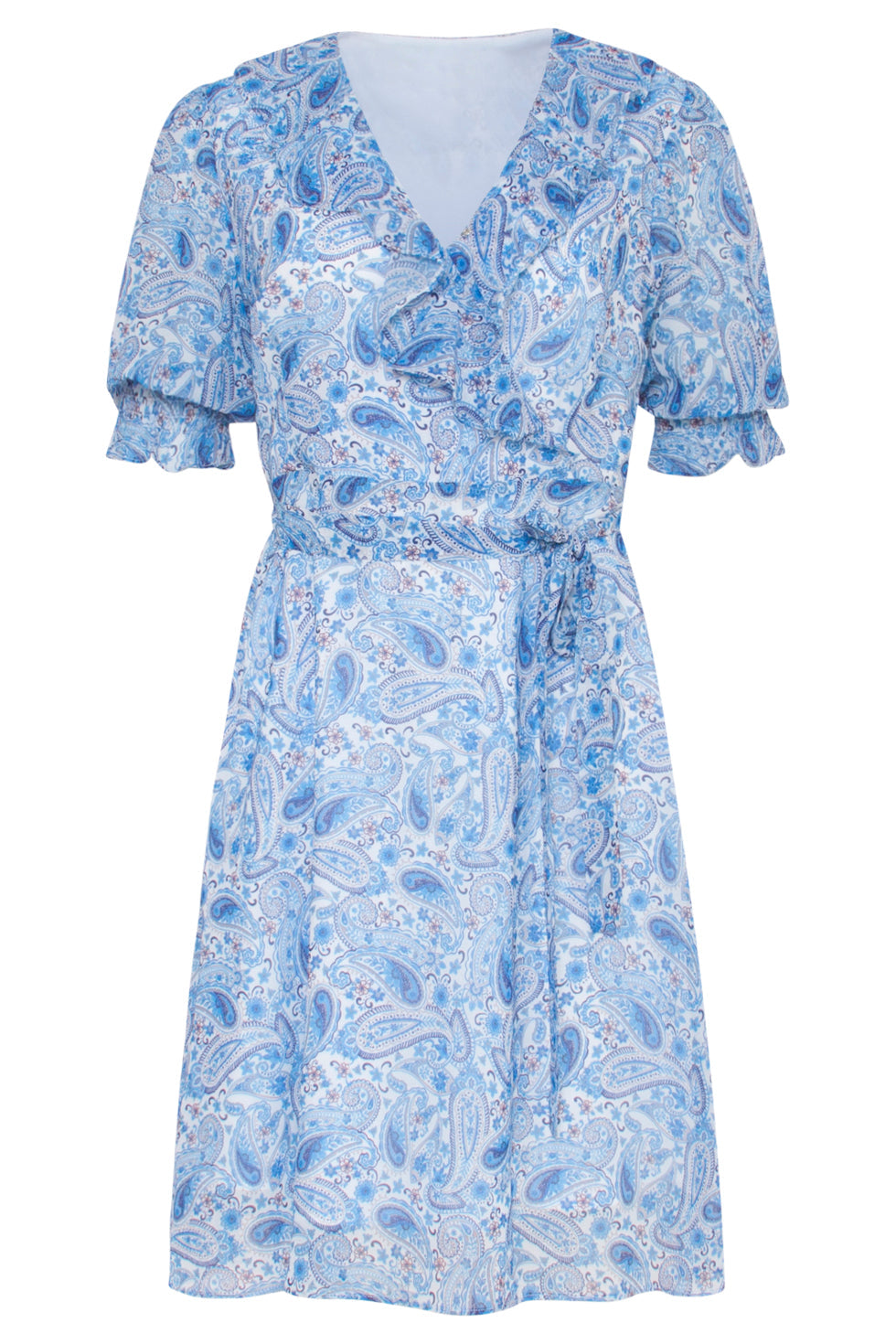 23113 Zomerse Chiffon Jurk Met Overslagruffelspaisley Print - Licht | White - Blue