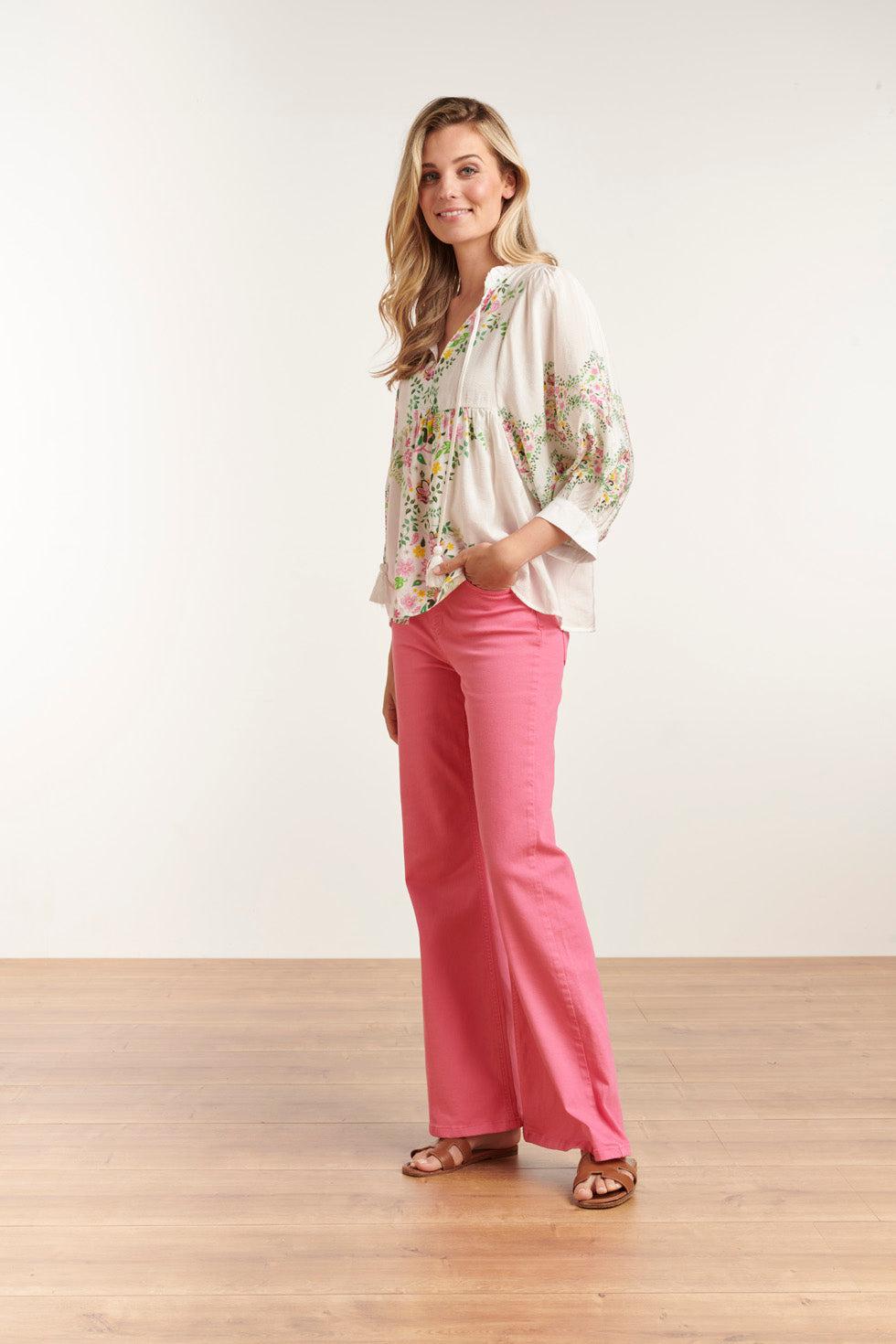 23128 Vrouwen Longsleeve Abstract Print Los Vallende Top | White - Muticolour