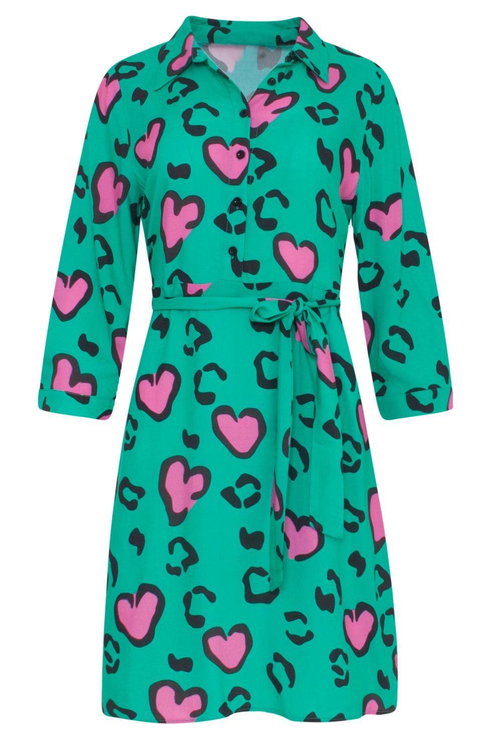 23132 Getailleerde Hartjes Jurk- | Green - Pink