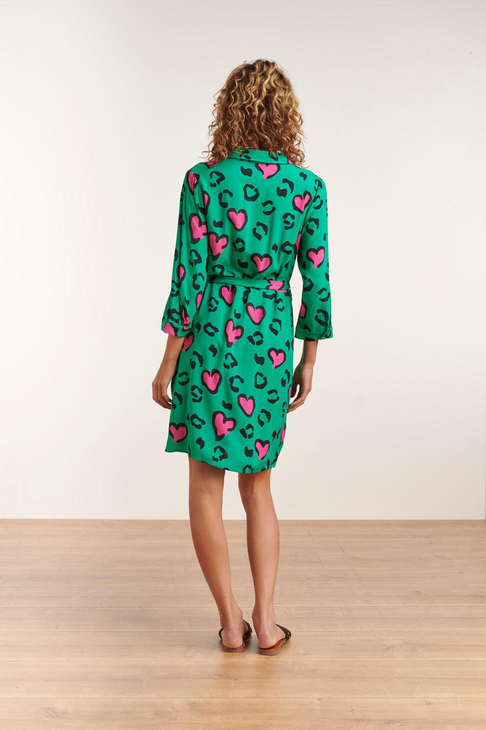 23132 Getailleerde Hartjes Jurk- | Green - Pink