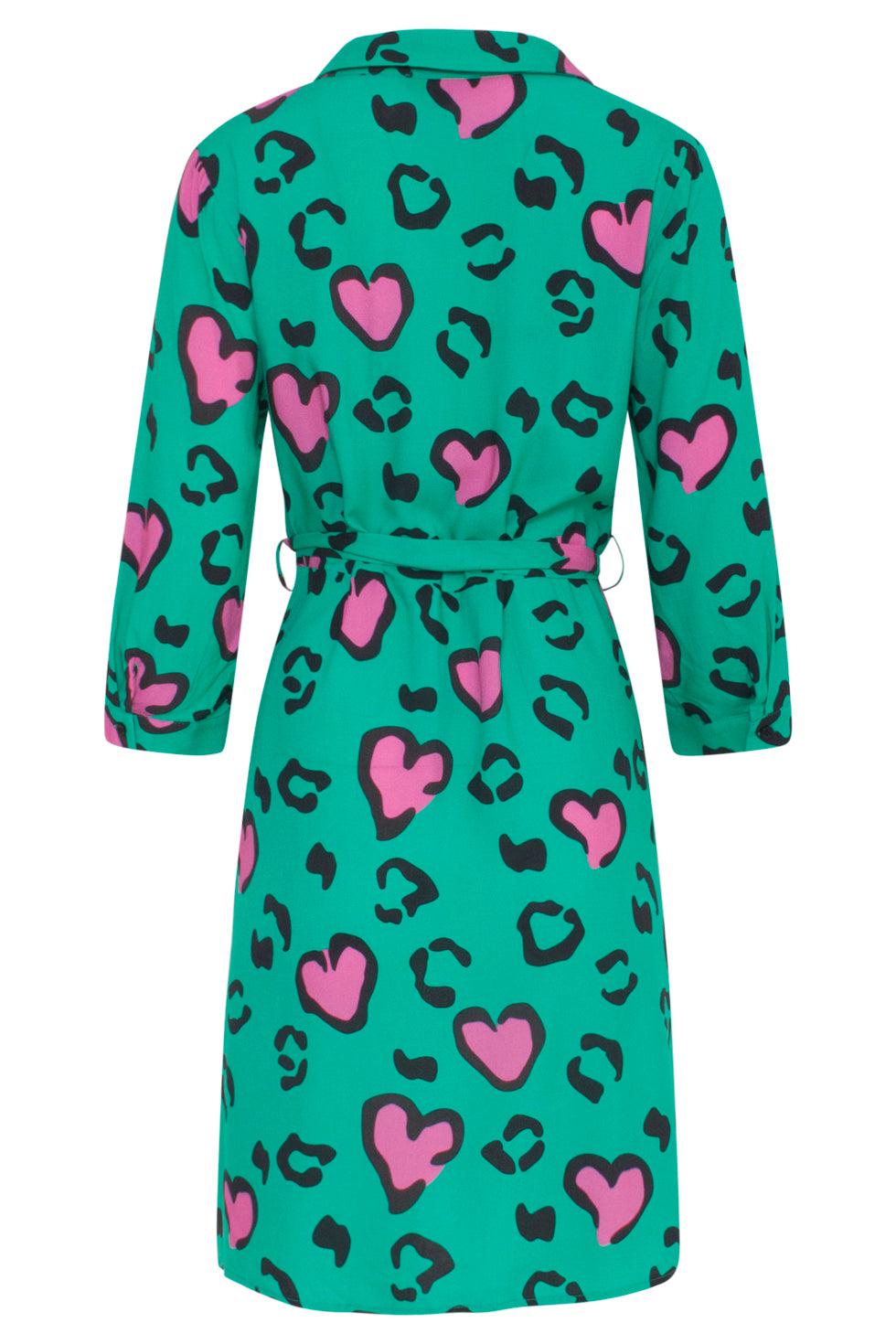 23132 Getailleerde Hartjes Jurk- | Green - Pink