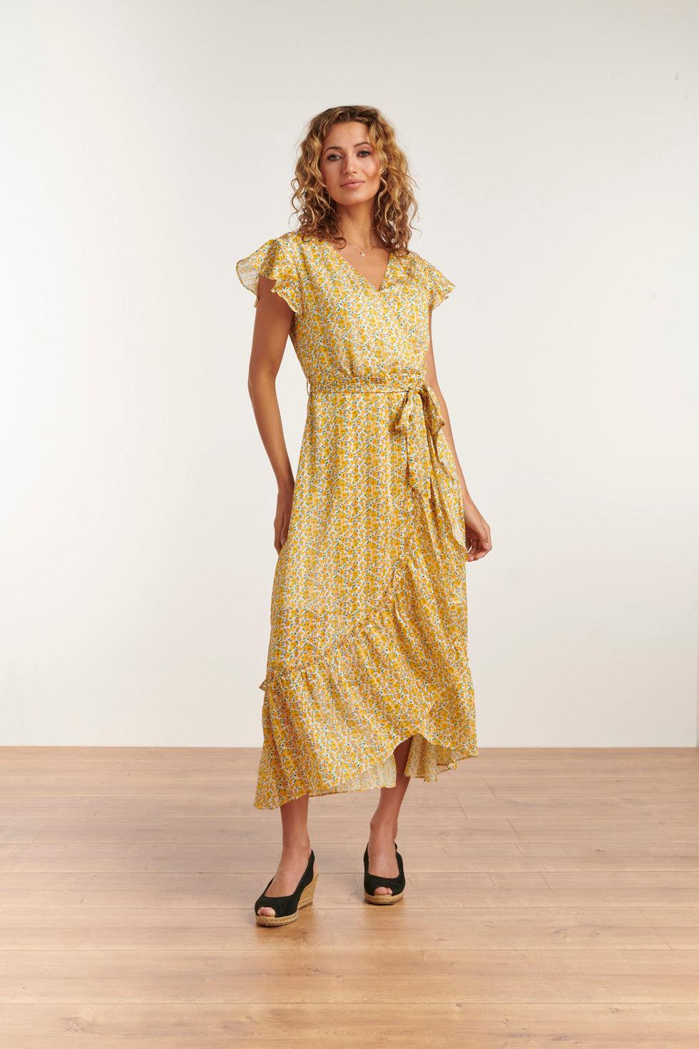 23138 Maxi Jurk Met Bloemenprintgetailleerde Pasvorm- | White - Yellow