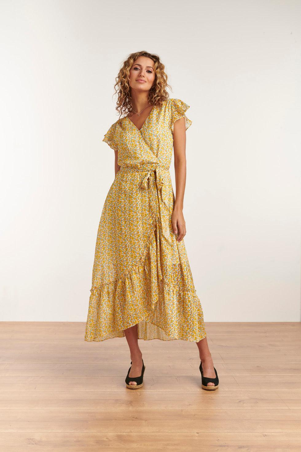 23138 Maxi Jurk Met Bloemenprintgetailleerde Pasvorm- | White - Yellow
