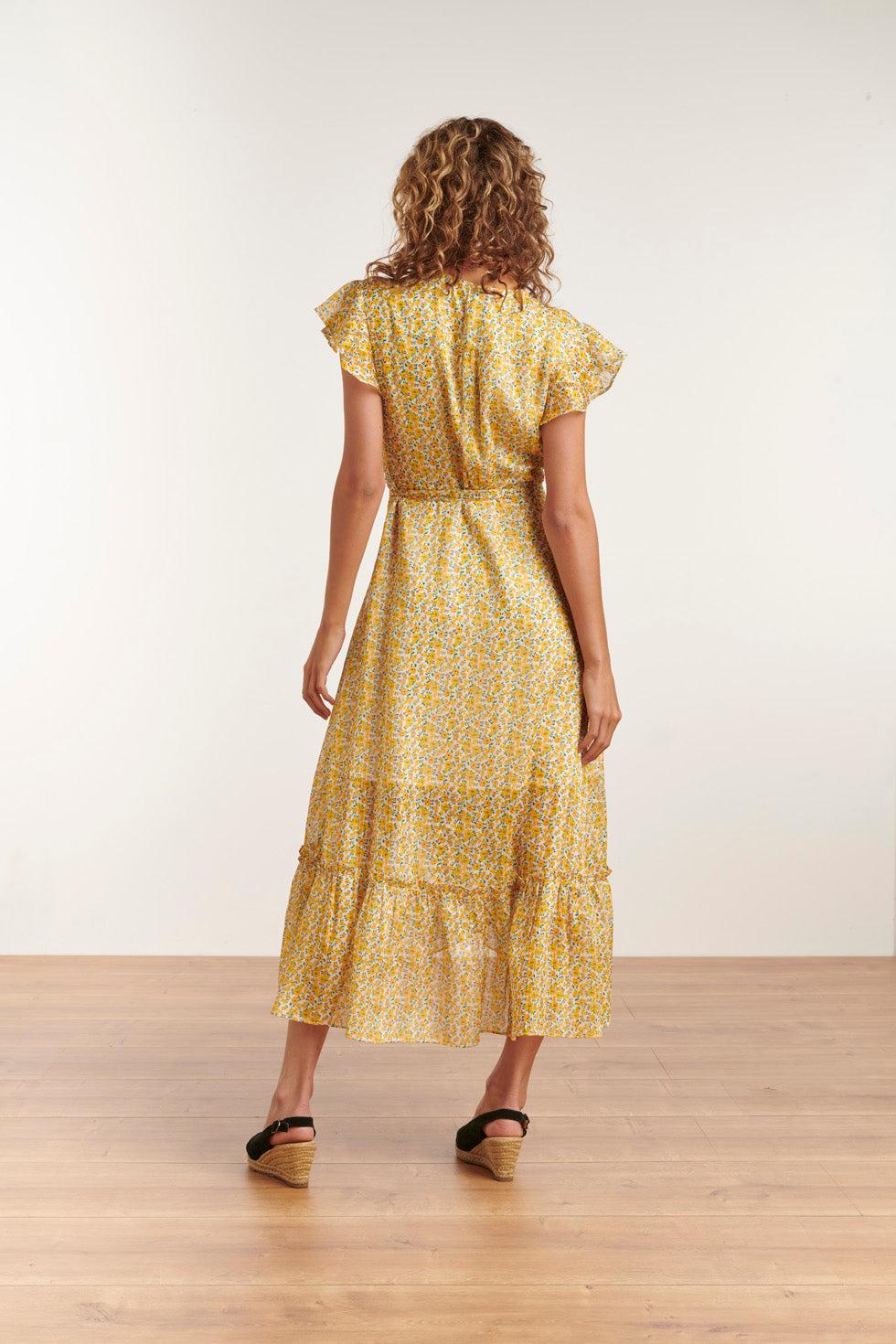 23138 Maxi Jurk Met Bloemenprintgetailleerde Pasvorm- | White - Yellow